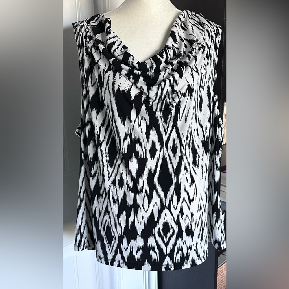 Calvin Klein Black and White Ikat-Style Blouse with Gold Logo
